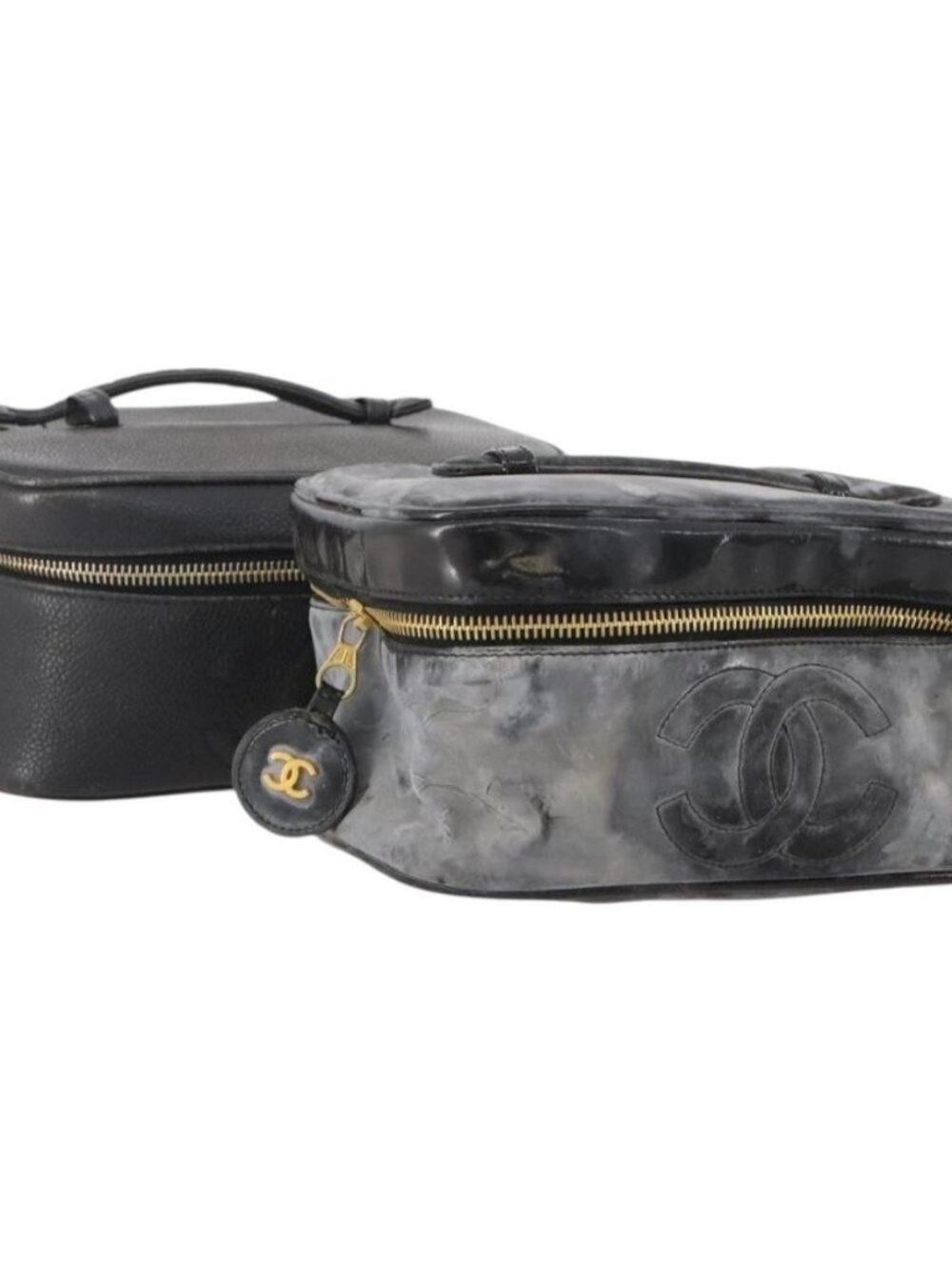 CHANEL Vanity Pouch Leather 2 Set Black CC Auth BA12664